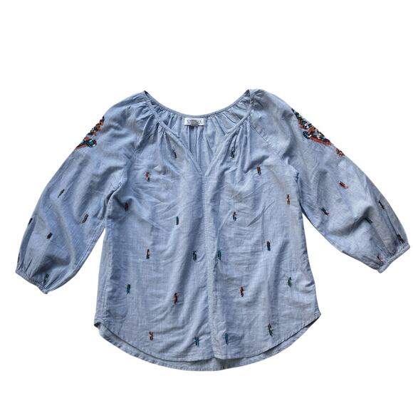 Velvet 100% Cotton Embroidered Boho Blouse Size M Blue Aztec - Picture 1 of 9